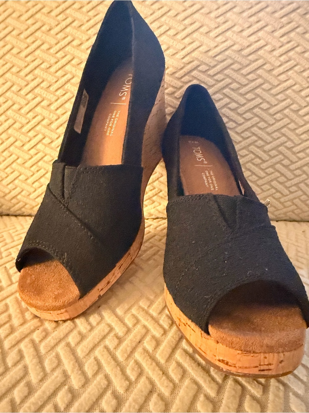 TOMS Black Canvas Cork Peep-Toe Wedge Sandals